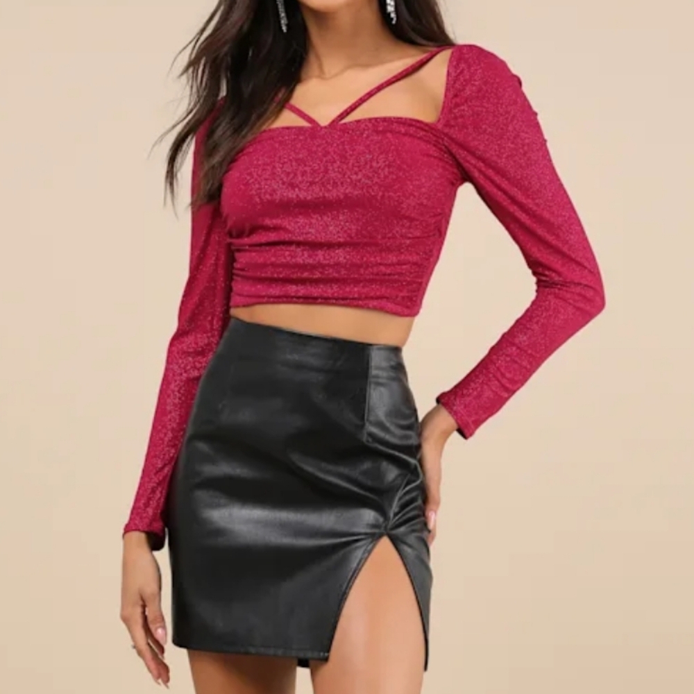 Lulus Perfected Shine Magenta Glitter Strappy Tie-Back Crop Top Size Small